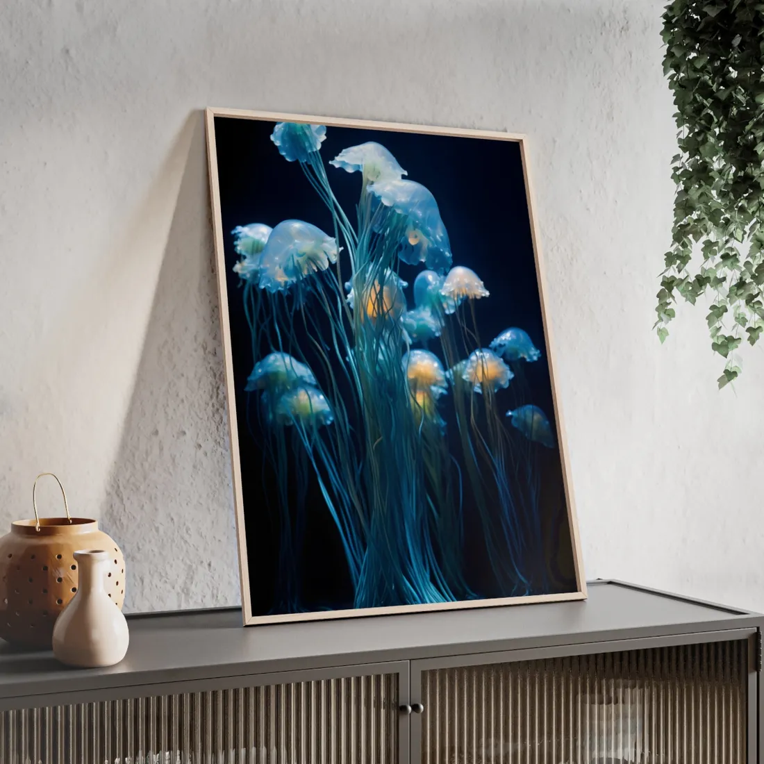Bioluminescent Oceanic Ballet: Dancer's Magical Night Performance - Framed Poster