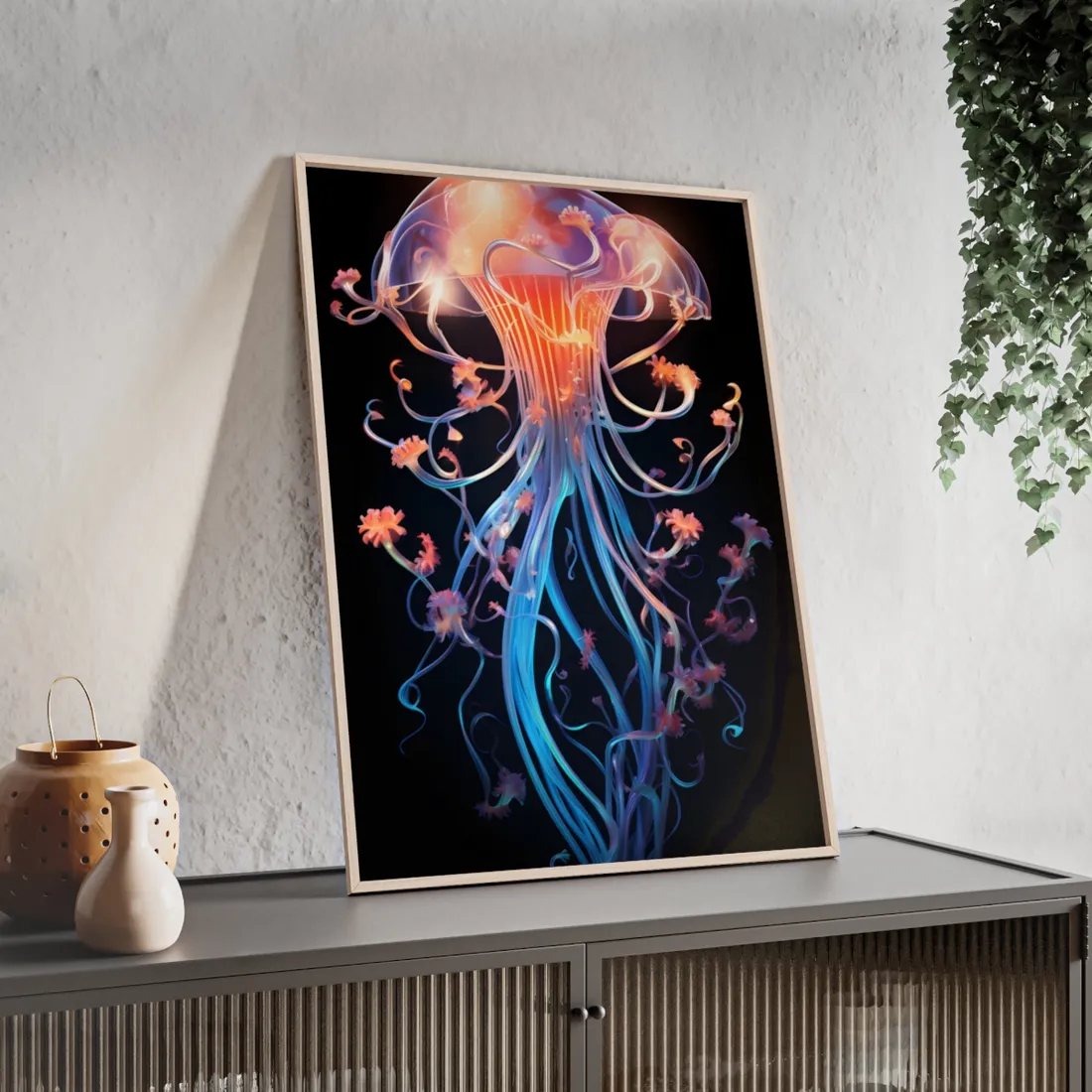 Bioluminescent Oceanic Ballet: Elegantly Poised Dancer in Underwater Performance - Framed Poster