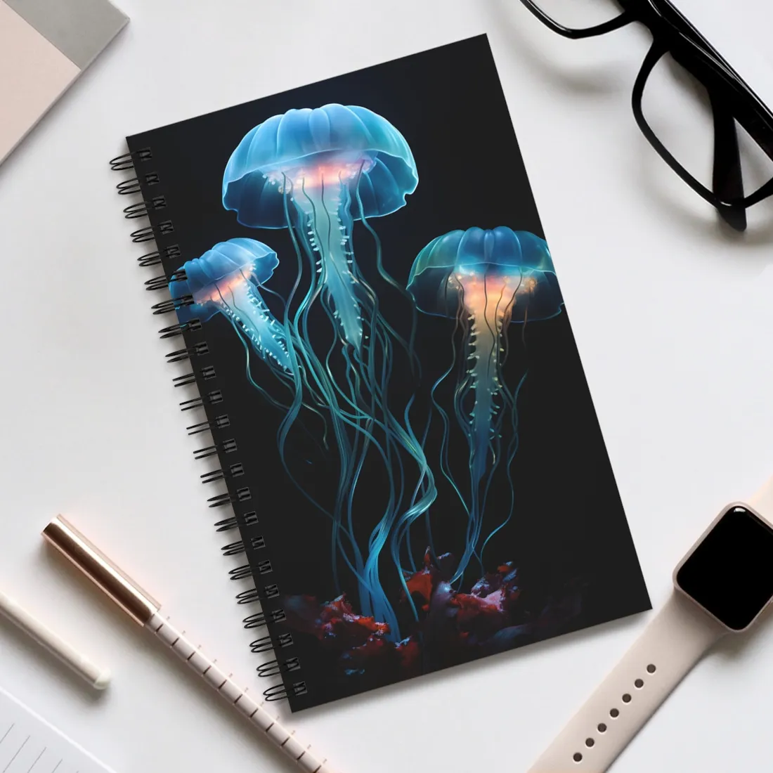 Bioluminescent Oceanic Ballet: Ethereal Underwater Dance - Spiral Notebook