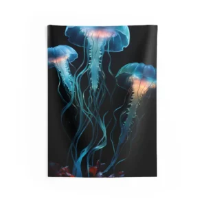 Jellyfish over Red Coral Wall Tapestry