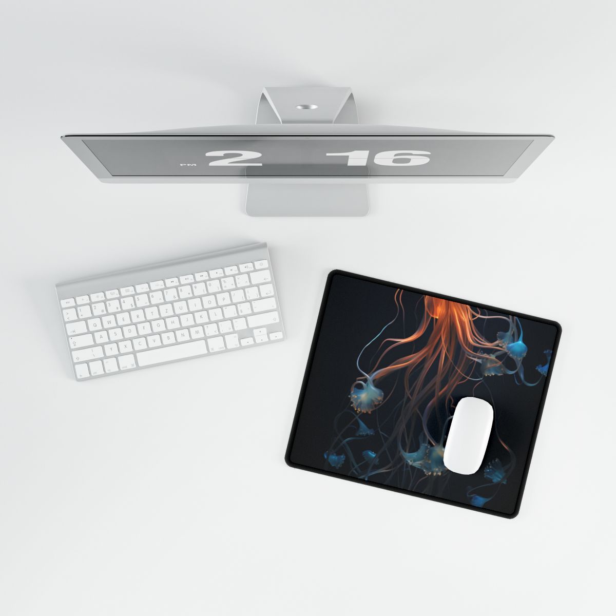 Bioluminescent Oceanic Ballet: Mesmerizing Underwater Scene Artwork - Desk Mat