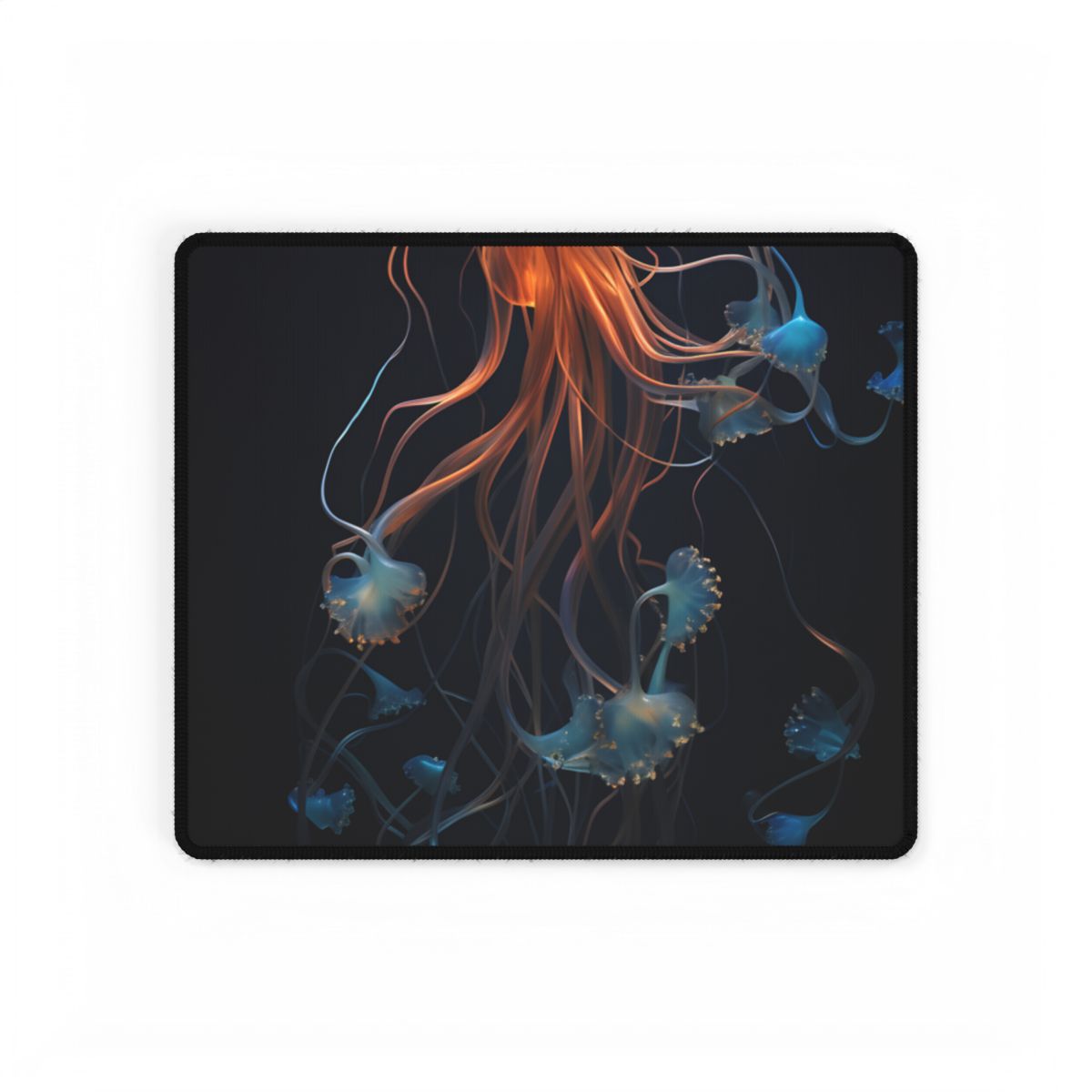 Bioluminescent Oceanic Ballet: Mesmerizing Underwater Scene Artwork - Desk Mat