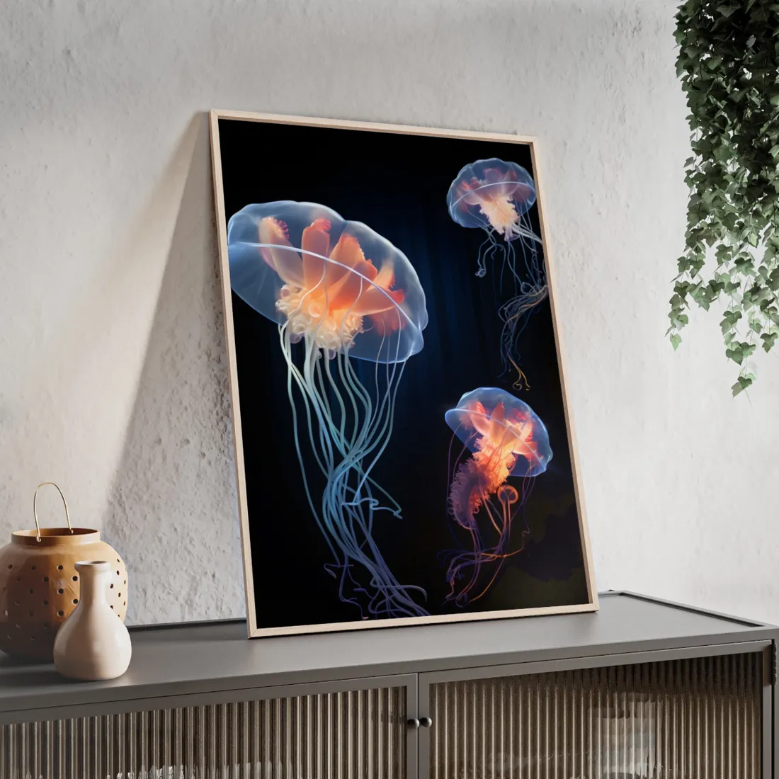 Bioluminescent Oceanic Ballet: Underwater Art - Framed Poster