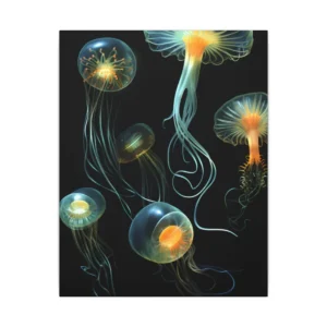 Glowing Jellyfish on Black Canvas Print