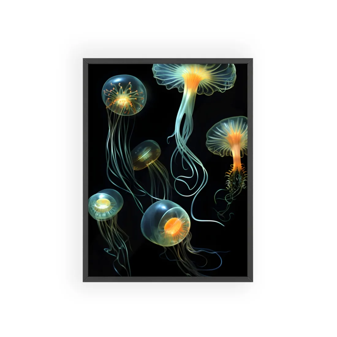 Bioluminescent Oceanic Ballet: Underwater Artwork in Motion - Framed Poster