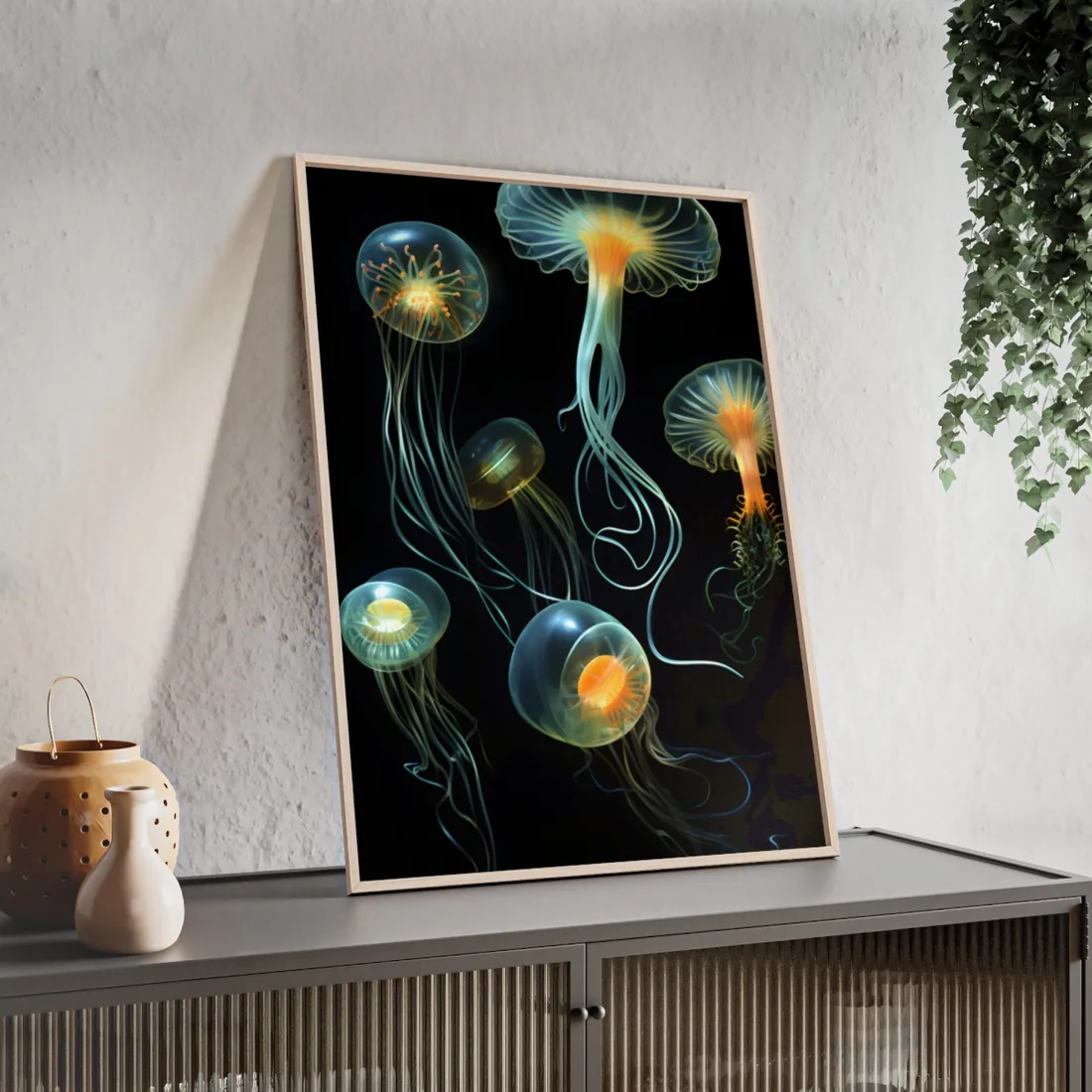 Bioluminescent Oceanic Ballet: Underwater Artwork in Motion - Framed Poster