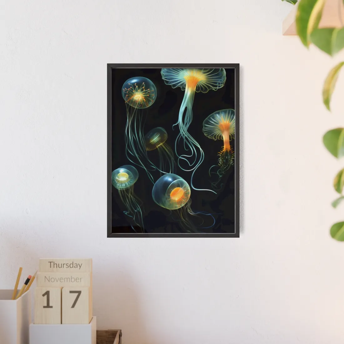 Bioluminescent Oceanic Ballet: Underwater Artwork in Motion - Framed Poster