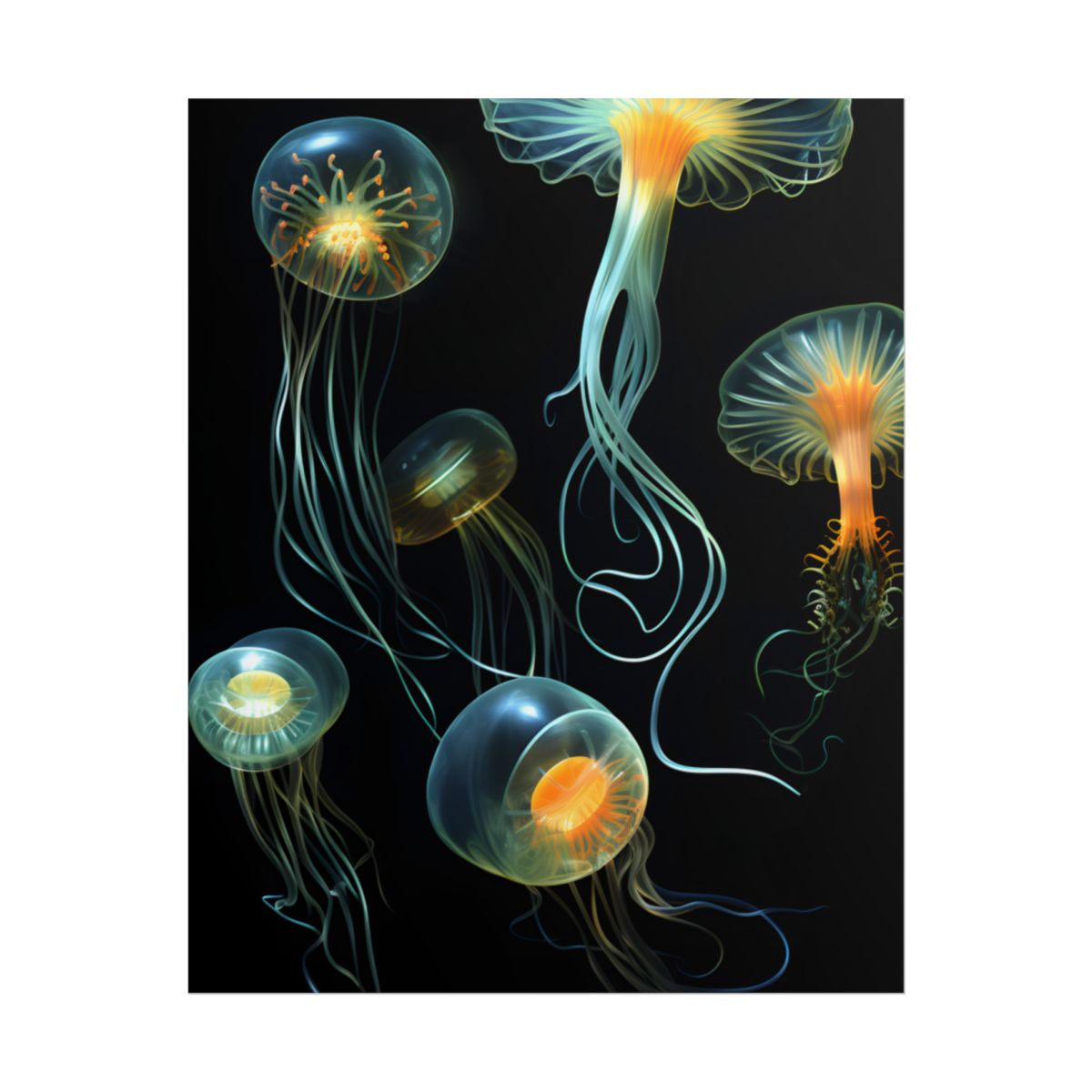 Bioluminescent Oceanic Ballet: Underwater Artwork in Motion - Poster