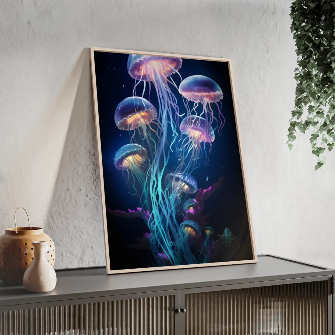 Bioluminescent Oceanic Ballet: Underwater Dance Art - Framed Poster