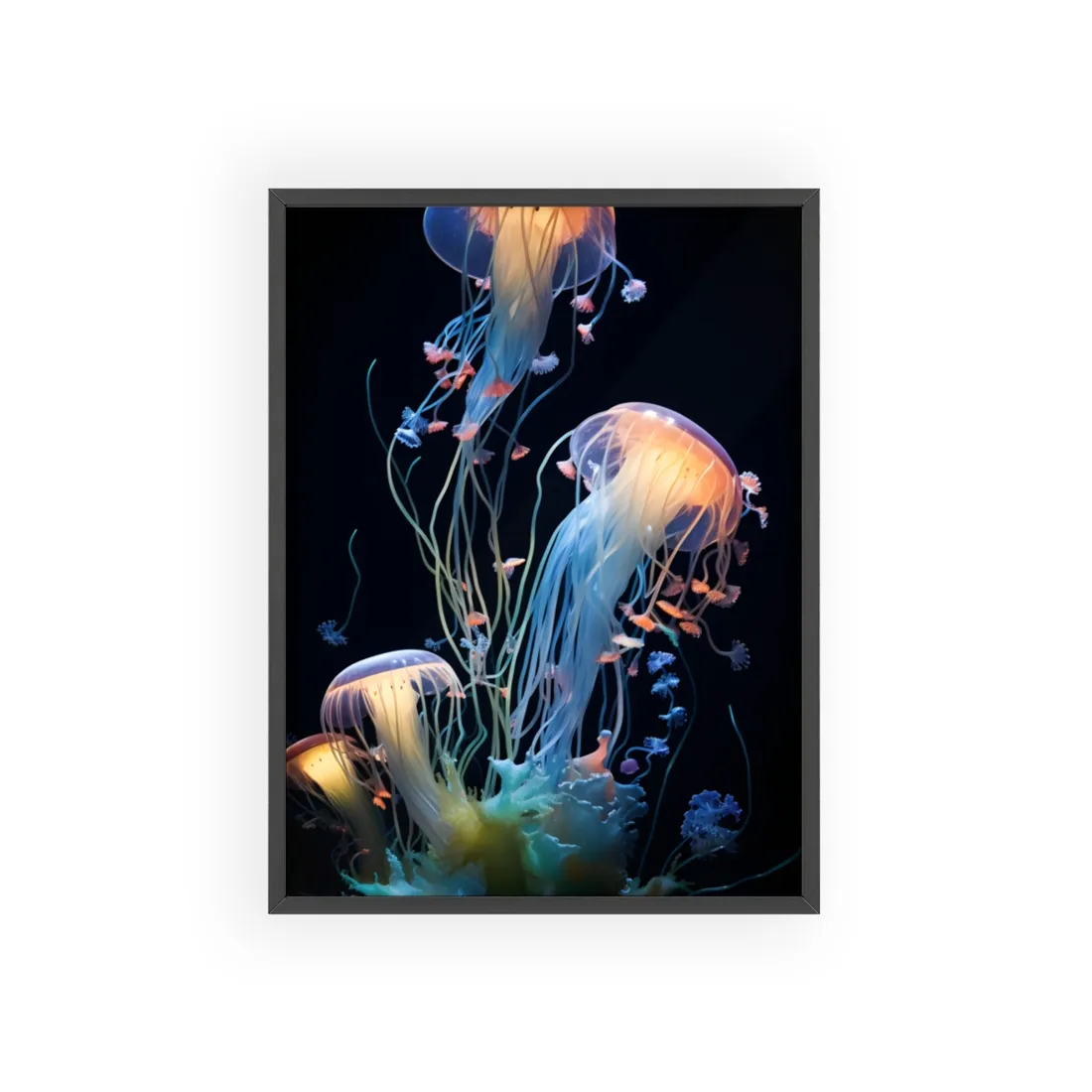 Bioluminescent Oceanic Ballet: Underwater Dance of Light - Framed Poster