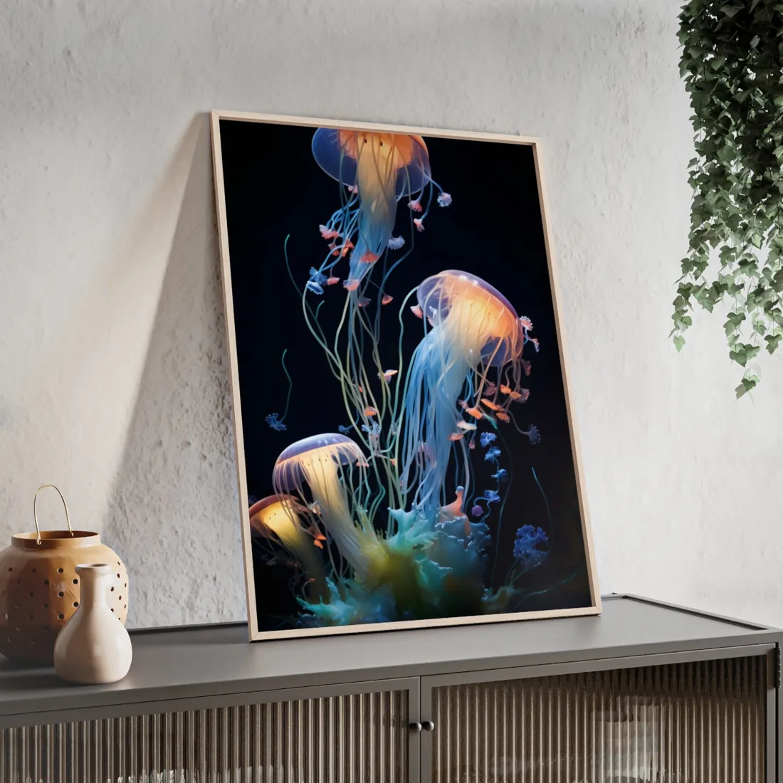 Bioluminescent Oceanic Ballet: Underwater Dance of Light - Framed Poster