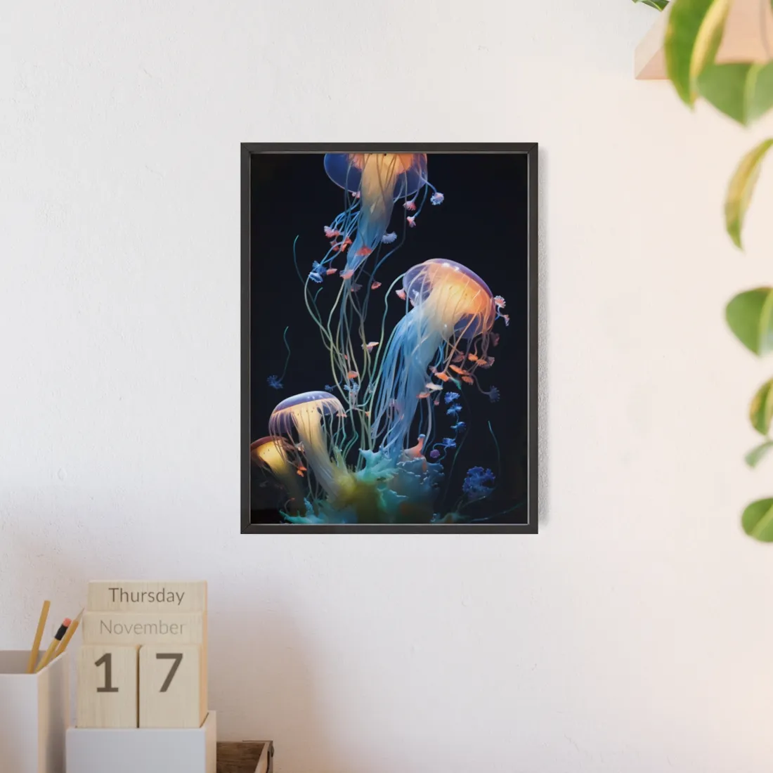 Bioluminescent Oceanic Ballet: Underwater Dance of Light - Framed Poster