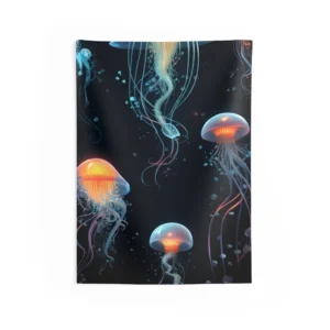 Glowing Jellyfish on Dark Background Wall Tapestry