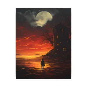 Castle Tower Under a Red Sky: Dramatic Fantasy Landscape Canvas Print