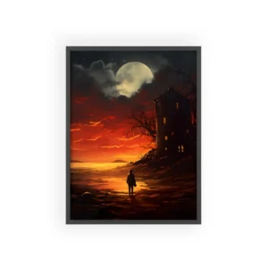 Castle Tower Under a Red Sky: Dramatic Fantasy Landscape Framed Poster