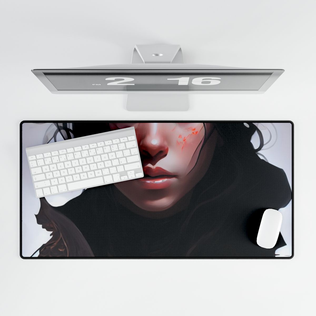 Black Hair Female Portrait: Elegant Dress Artwork - Desk Mat