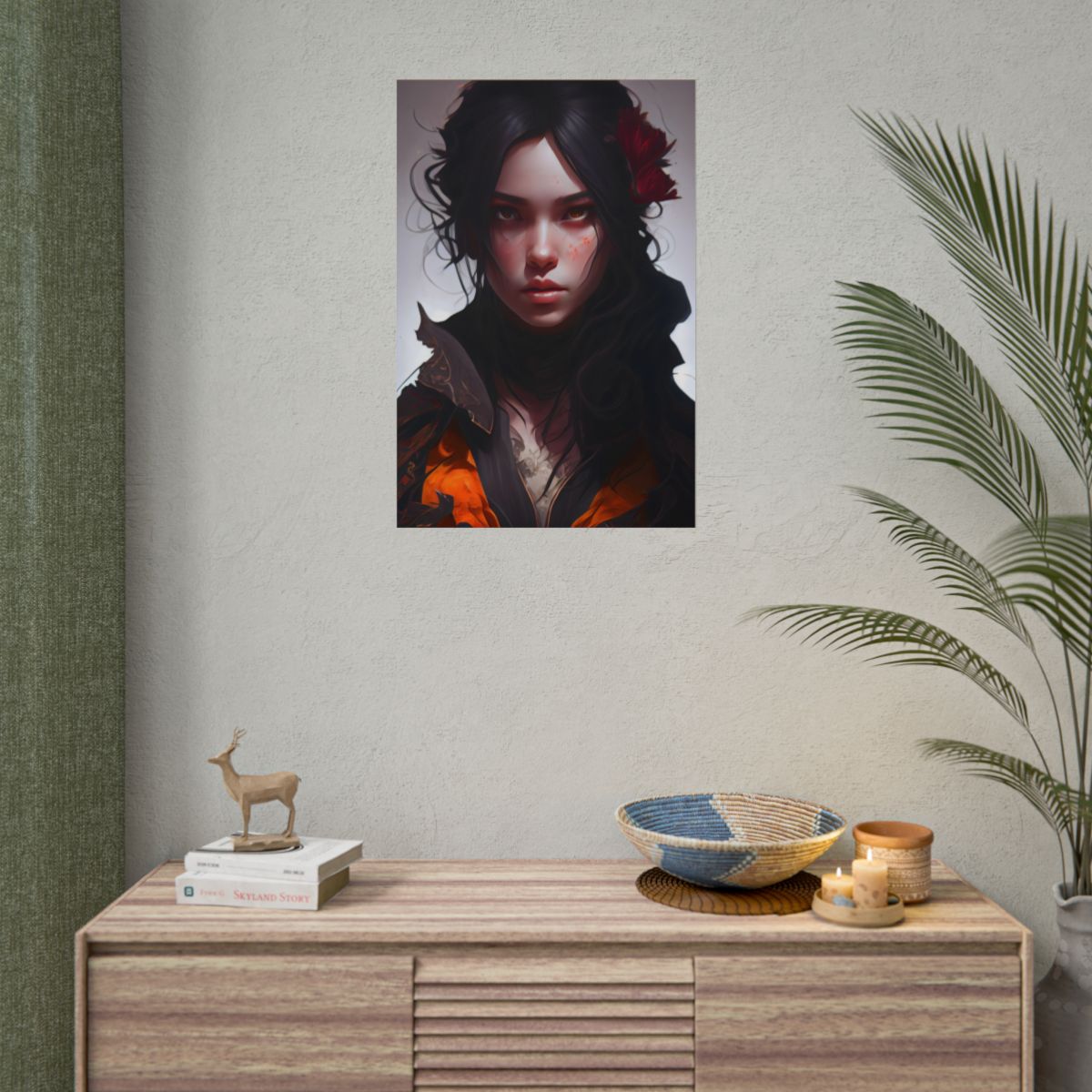 Black Hair Female Portrait: Elegant Dress Artwork - Poster