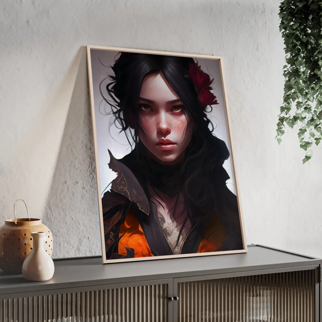 Black Hair Female Portrait: Elegant Dress - Framed Poster