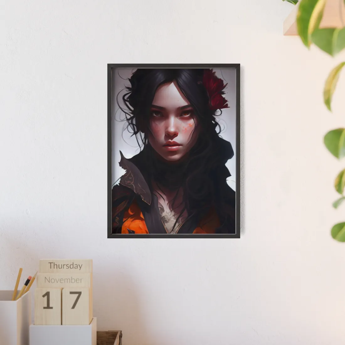 Black Hair Female Portrait: Elegant Dress - Framed Poster