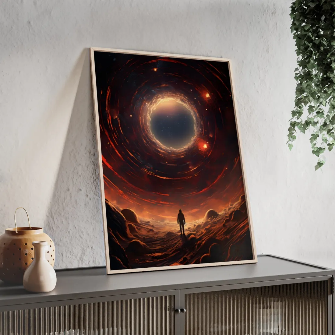 Black Hole Cosmic: A Realistic Digital Artwork of a Planet in Orbit - Framed Poster