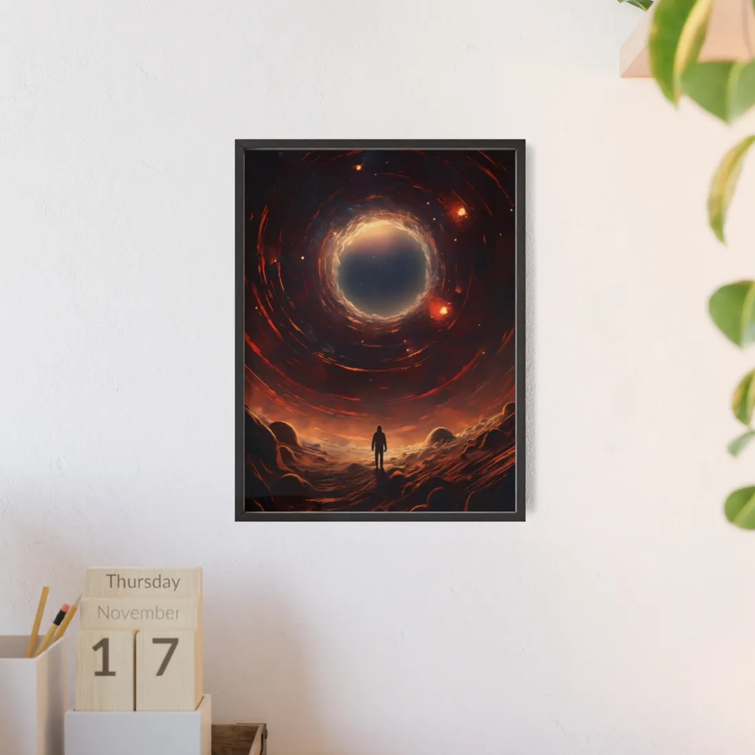 Black Hole Cosmic: A Realistic Digital Artwork of a Planet in Orbit - Framed Poster