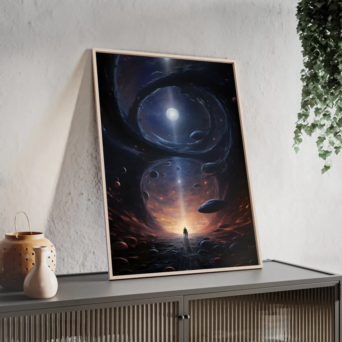 Black Hole Cosmic Dance: Massive Planet Orbits a Dark Star - Framed Poster