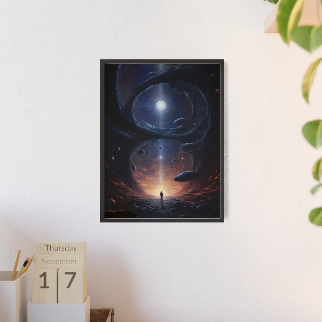 Black Hole Cosmic Dance: Massive Planet Orbits a Dark Star - Framed Poster
