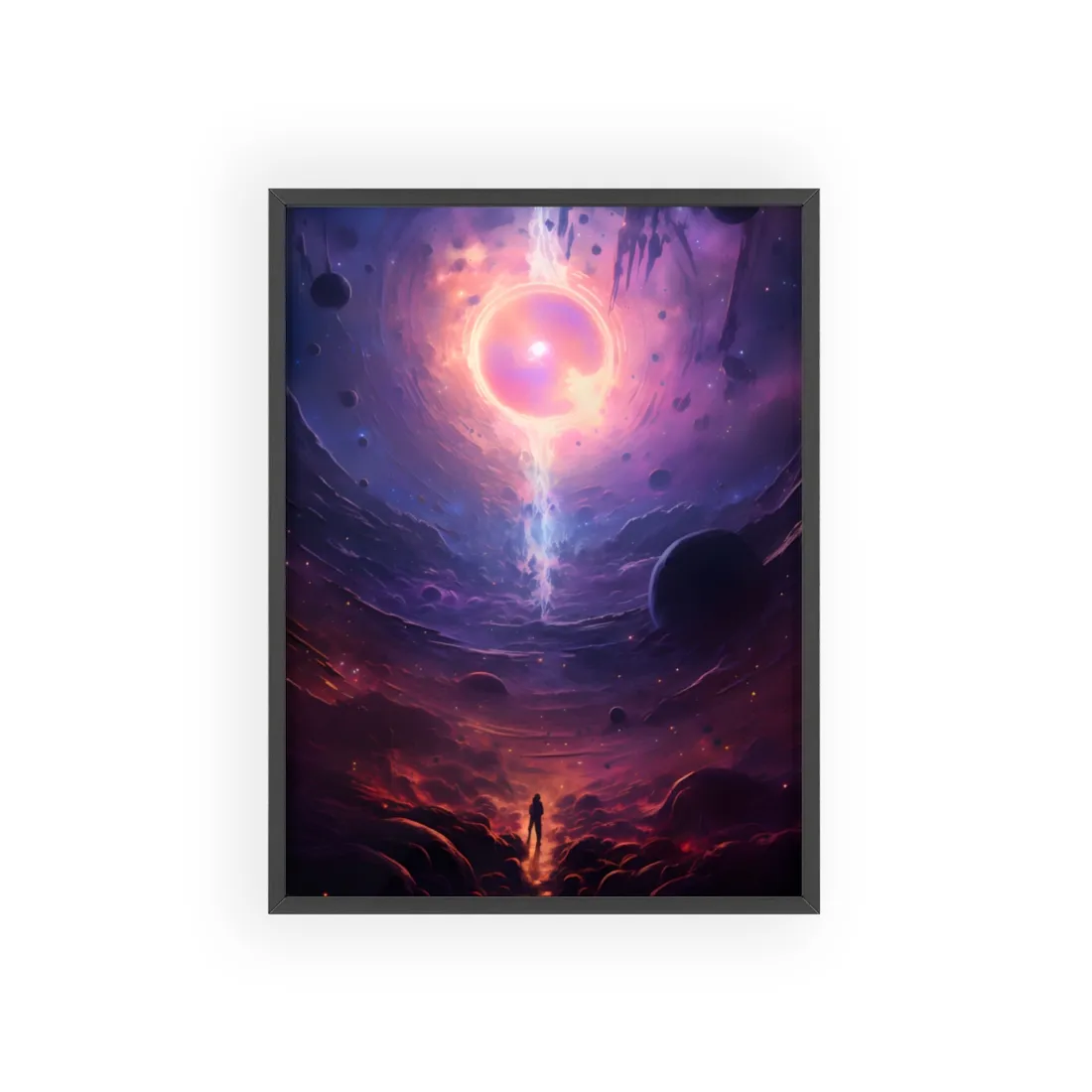 Black Hole Cosmic Odyssey: Dark Planet in Space Art - Framed Poster