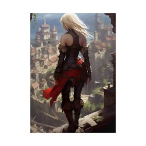 Warrior Overlooking Medieval Town Poster