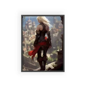 Warrior Overlooking Medieval Town Framed Poster