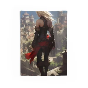 Warrior Overlooking Medieval Town Wall Tapestry