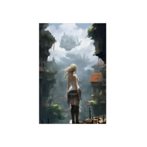 Woman Overlooking Cliffside City Metal Poster
