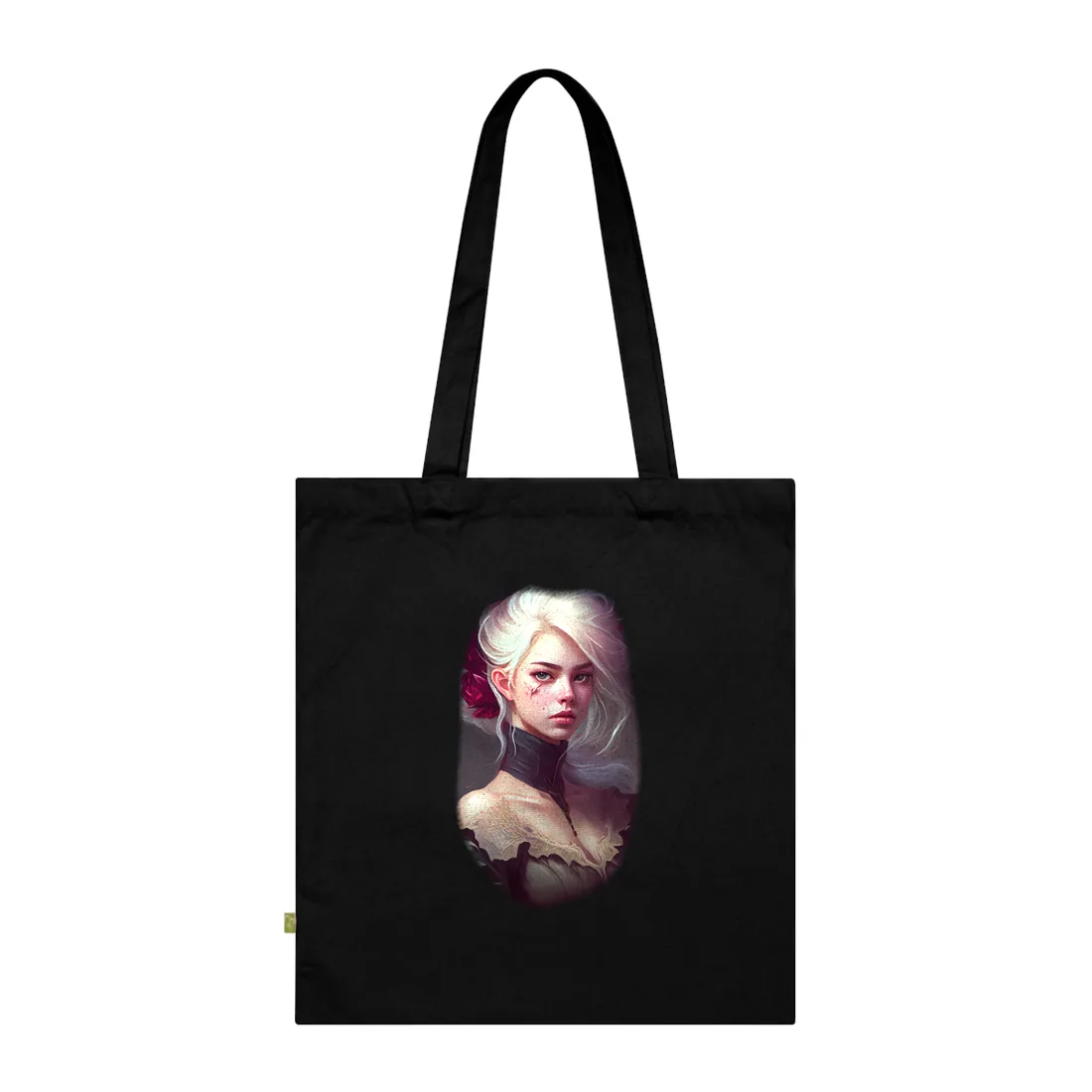 Painted portrait of a woman with white hair, red flower and dark lace trim – Tote Bag, black