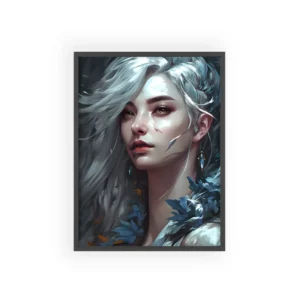 Silver-Haired Woman with Blue Leaves Framed Poster