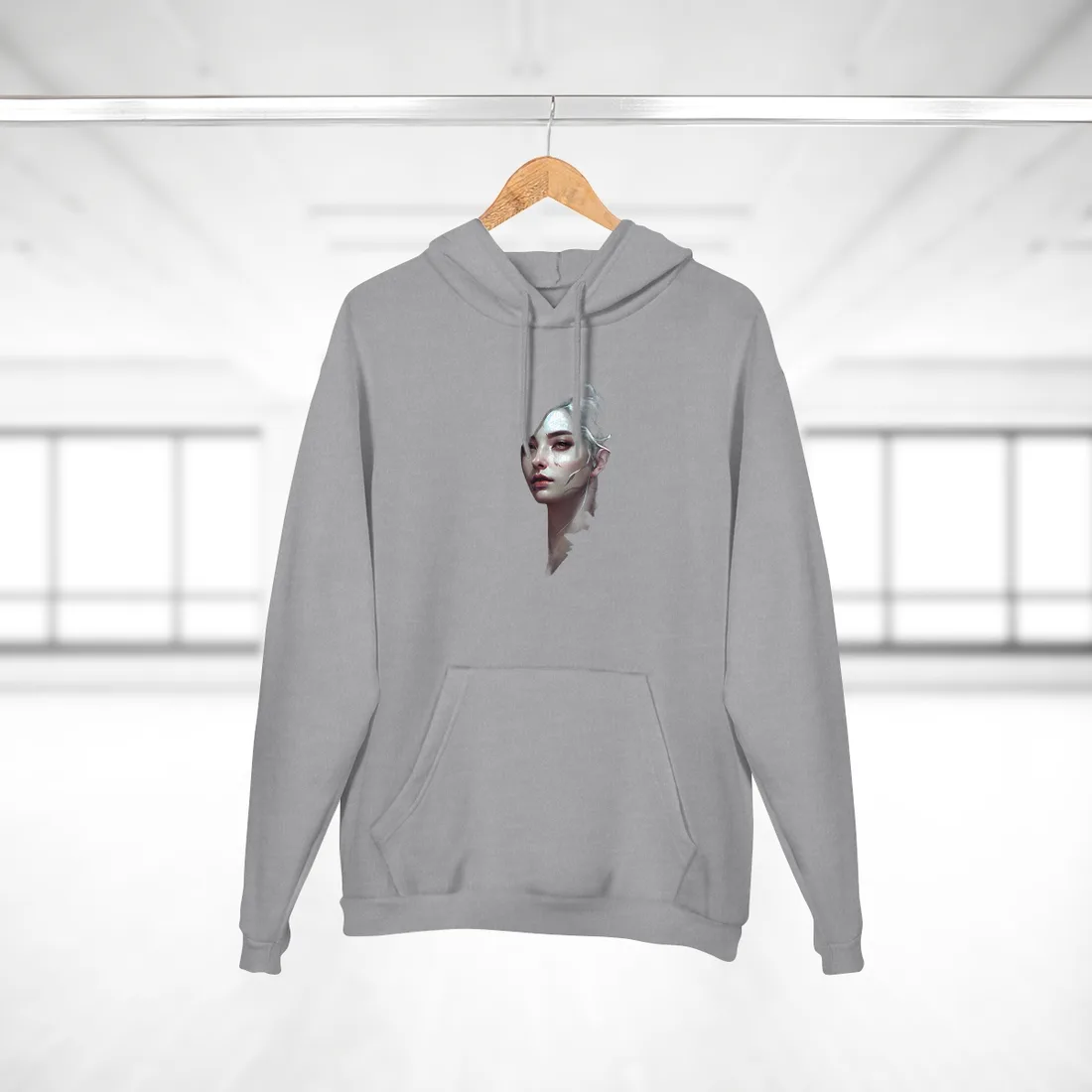 Painted portrait of woman with silver hair and blue leaves on dark background – Hoodie, heather grey