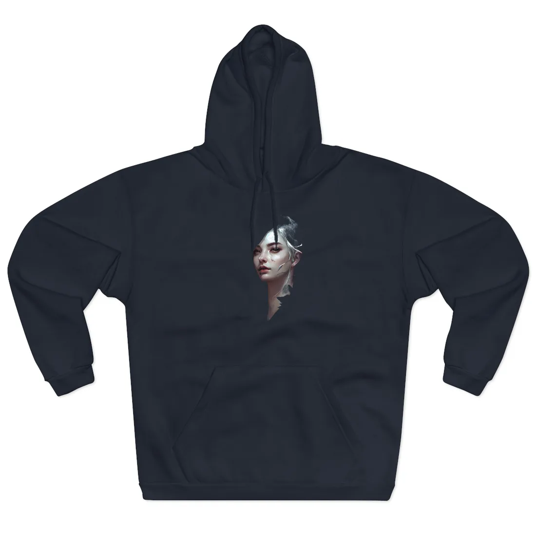 Painted portrait of woman with silver hair and blue leaves on dark background – Hoodie, navy