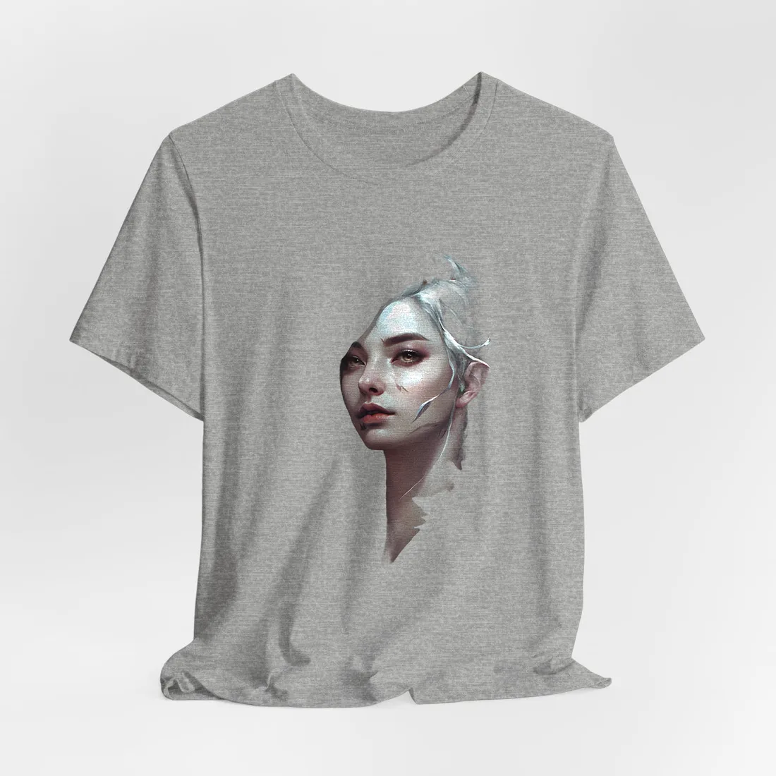 Painted portrait of woman with silver hair and blue leaves on dark background – T-Shirt, athletic heather