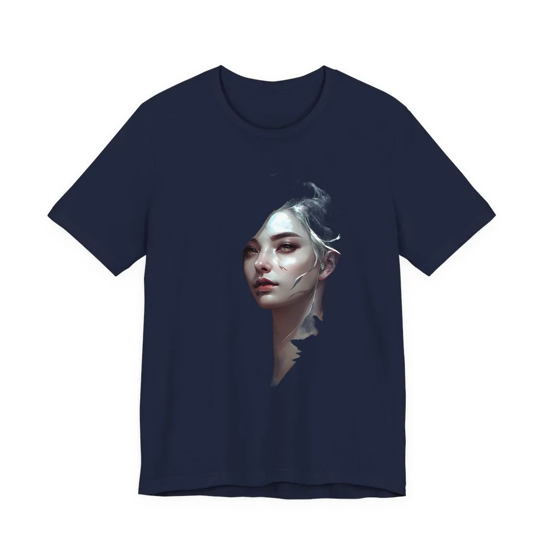 Painted portrait of woman with silver hair and blue leaves on dark background – T-Shirt, navy