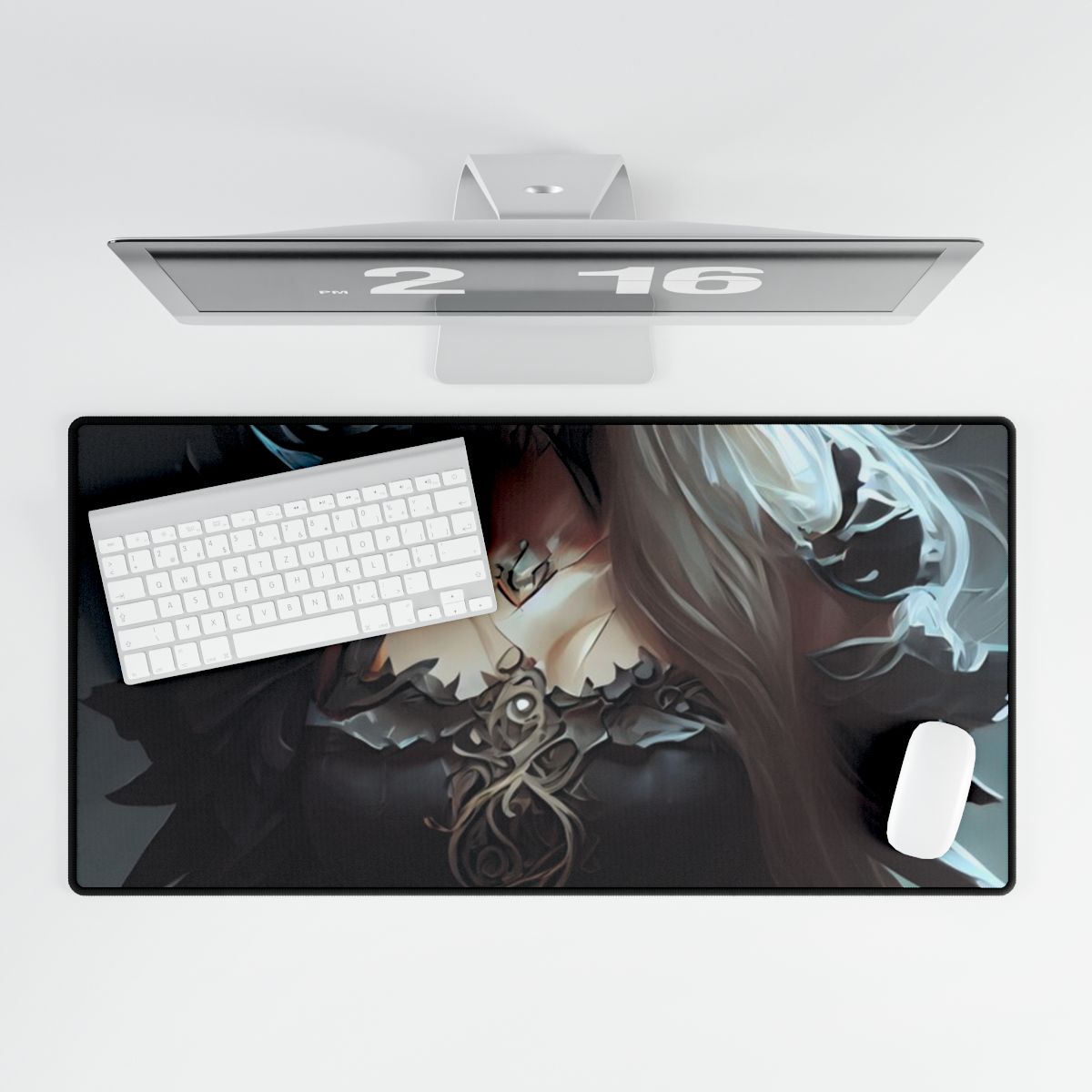 Blonde Elegance: Formal Portrait in White Dress - Desk Mat