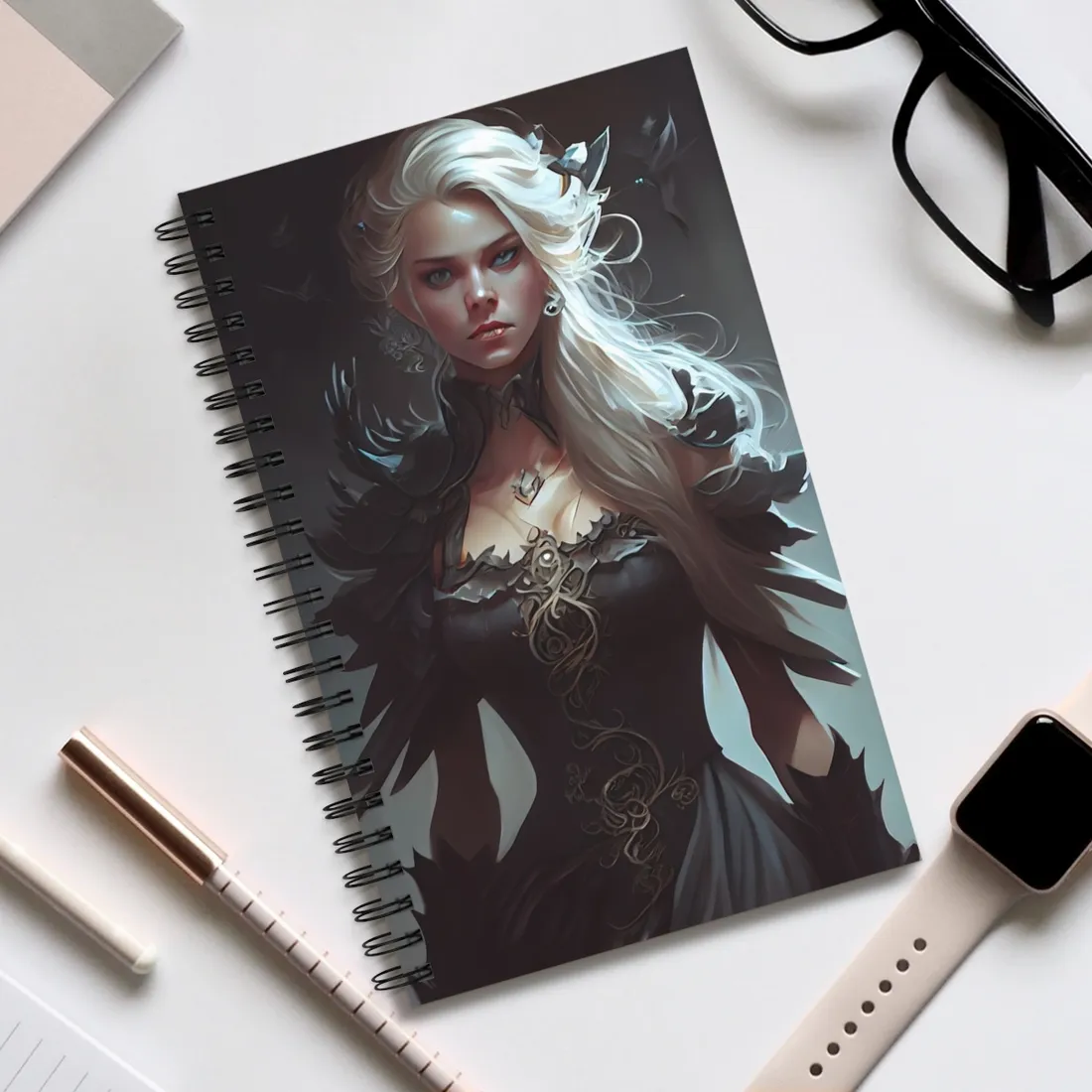 Blonde Elegance: Formal Portrait in White Dress - Spiral Notebook