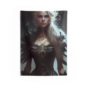Woman in Feathered Black Cloak Wall Tapestry