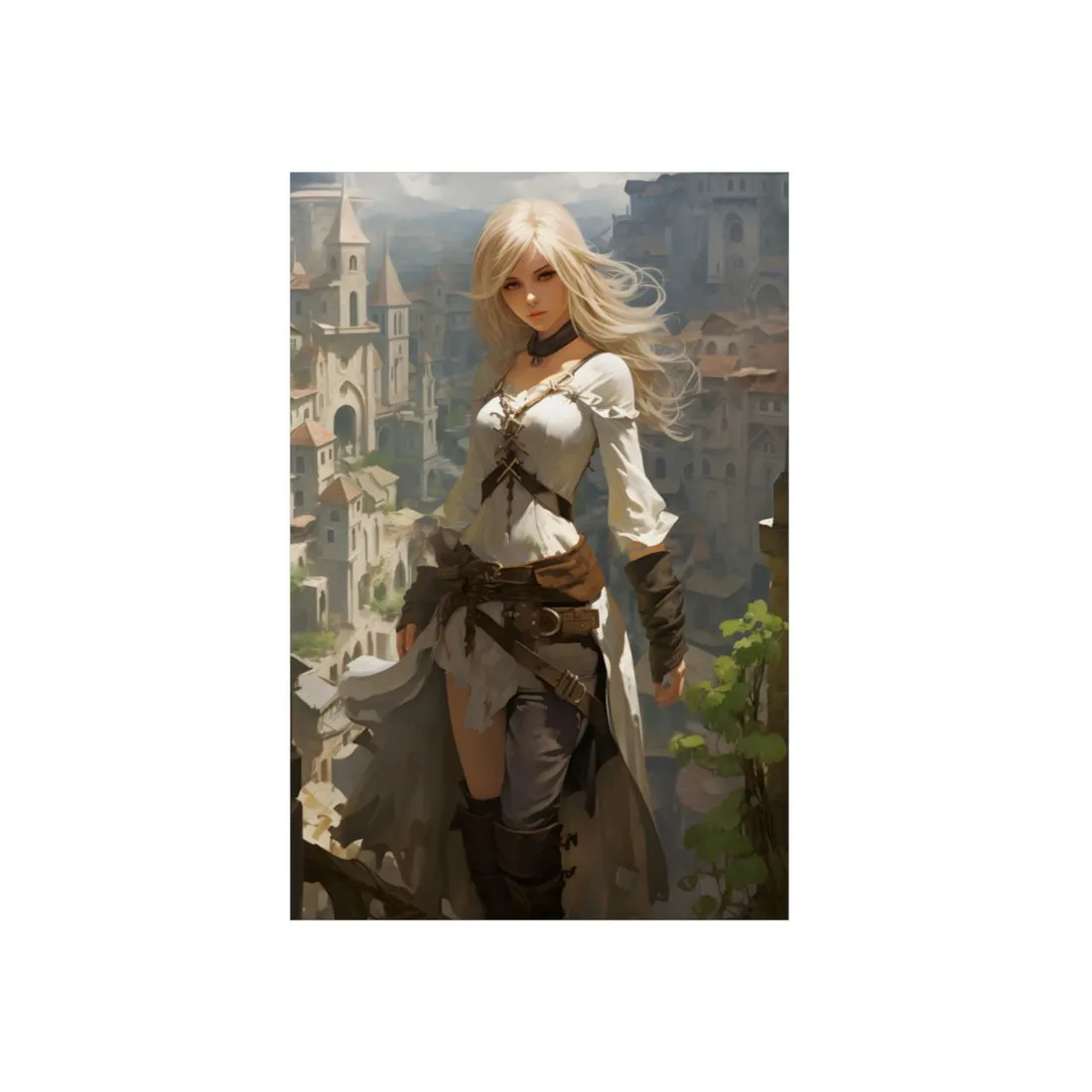 Blonde Fantasy Heroine Overlooking Medieval City - Metal Poster