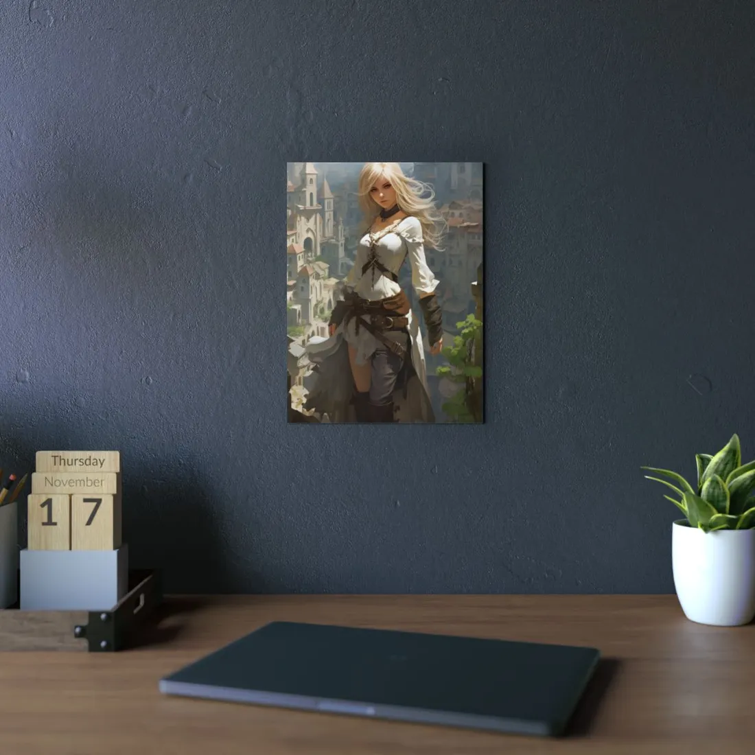 Blonde Fantasy Heroine Overlooking Medieval City - Metal Poster