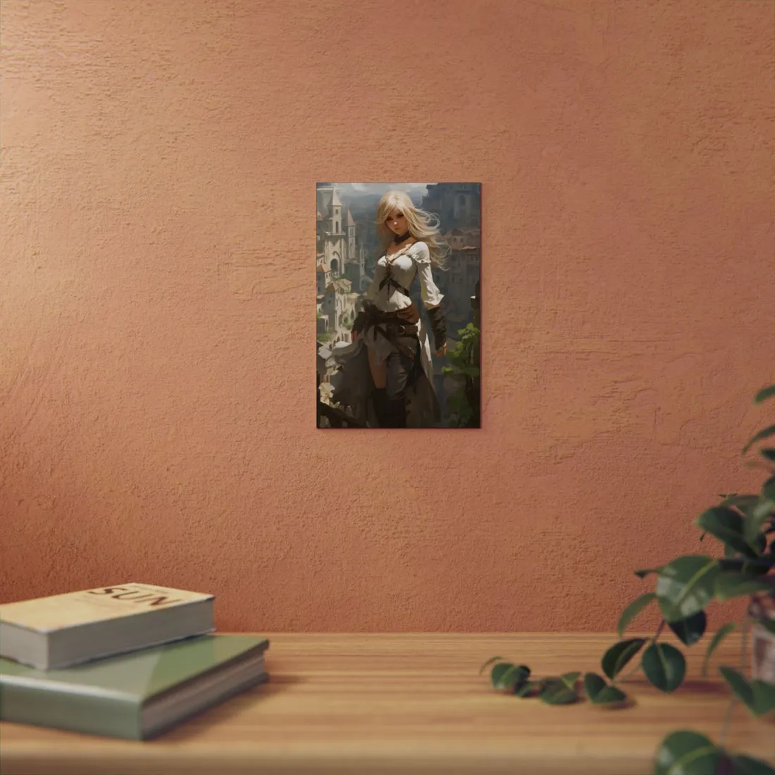 Blonde Fantasy Heroine Overlooking Medieval City - Metal Poster
