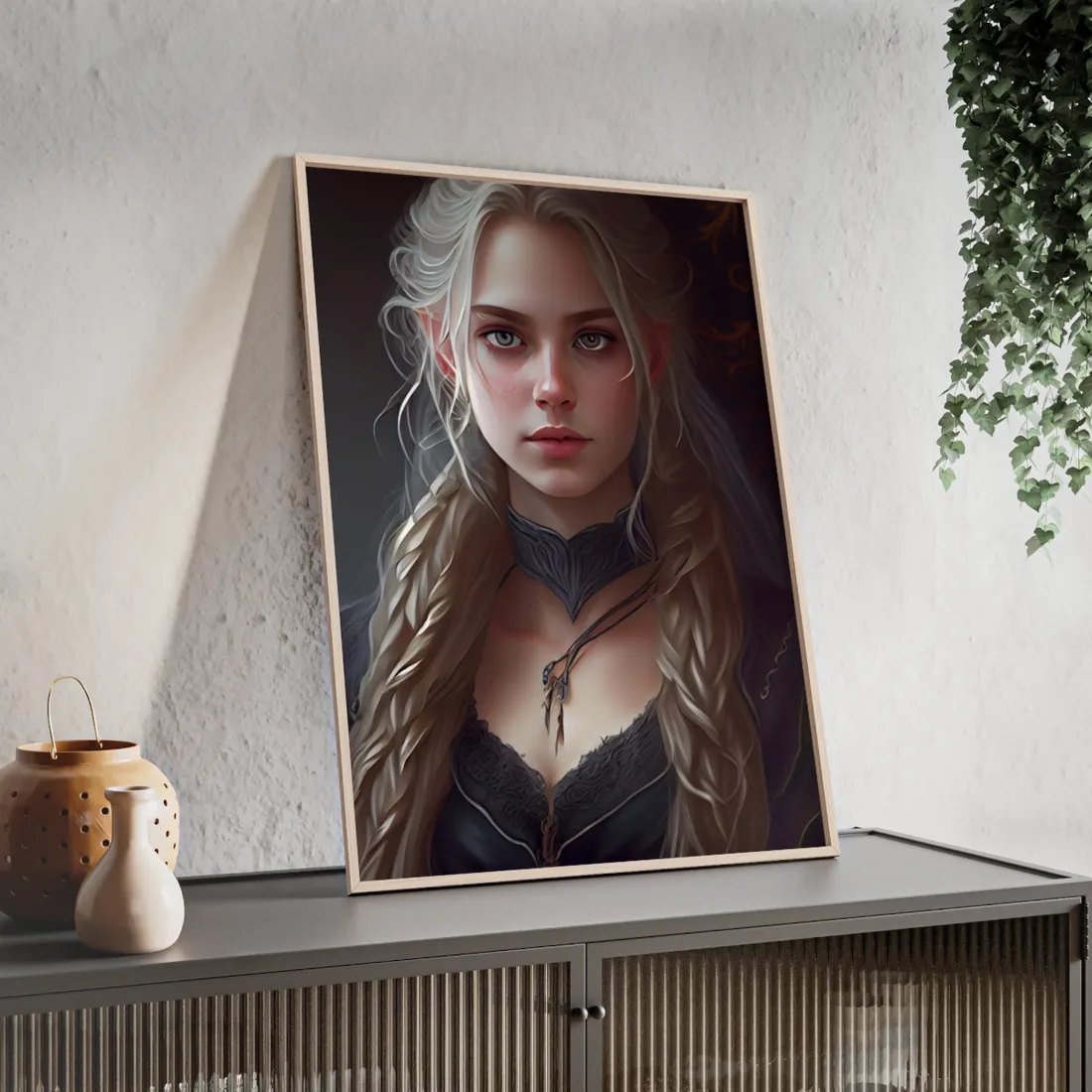 Blonde Female Portrait: Elegant Artwork in Formal Dress - Framed Poster
