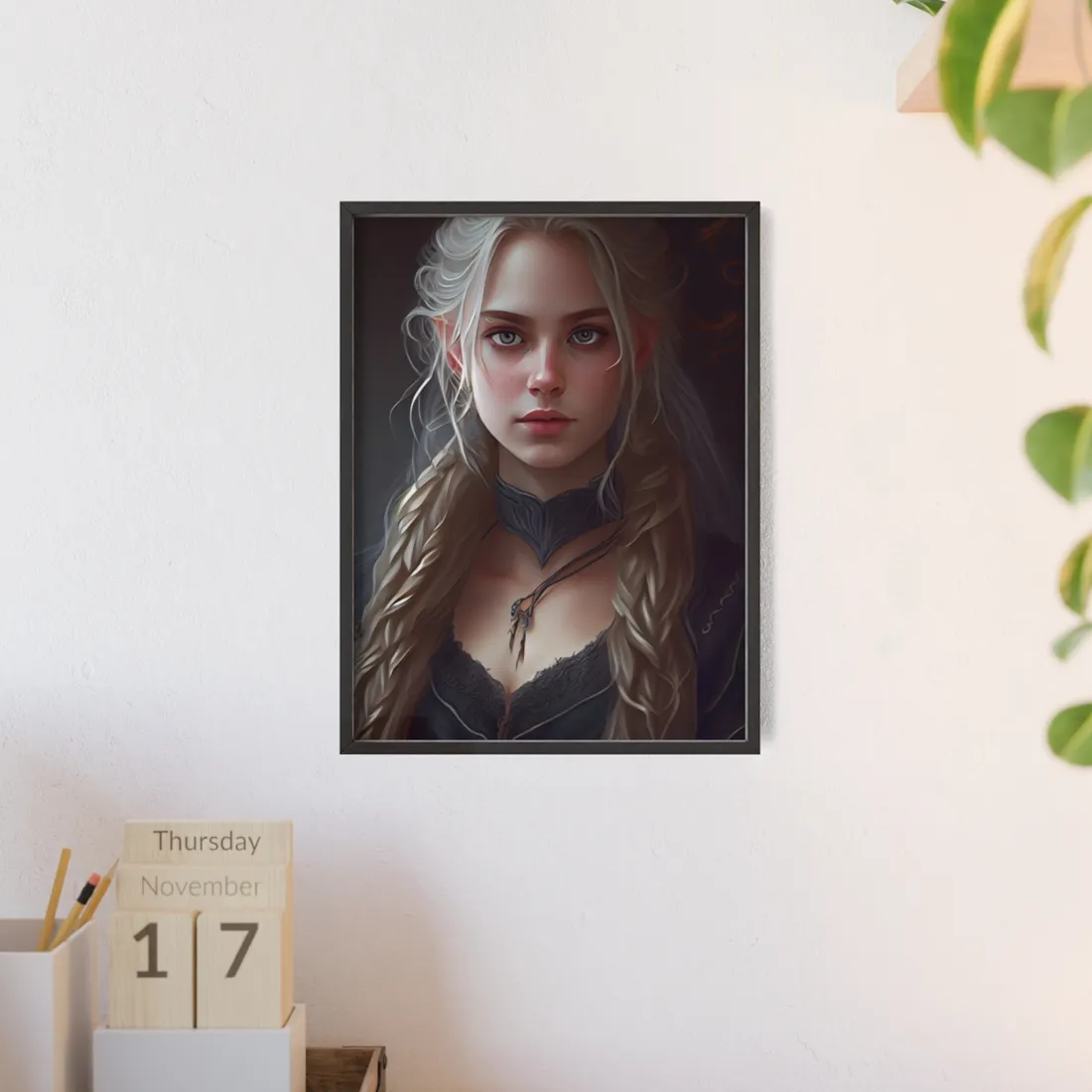 Blonde Female Portrait: Elegant Artwork in Formal Dress - Framed Poster