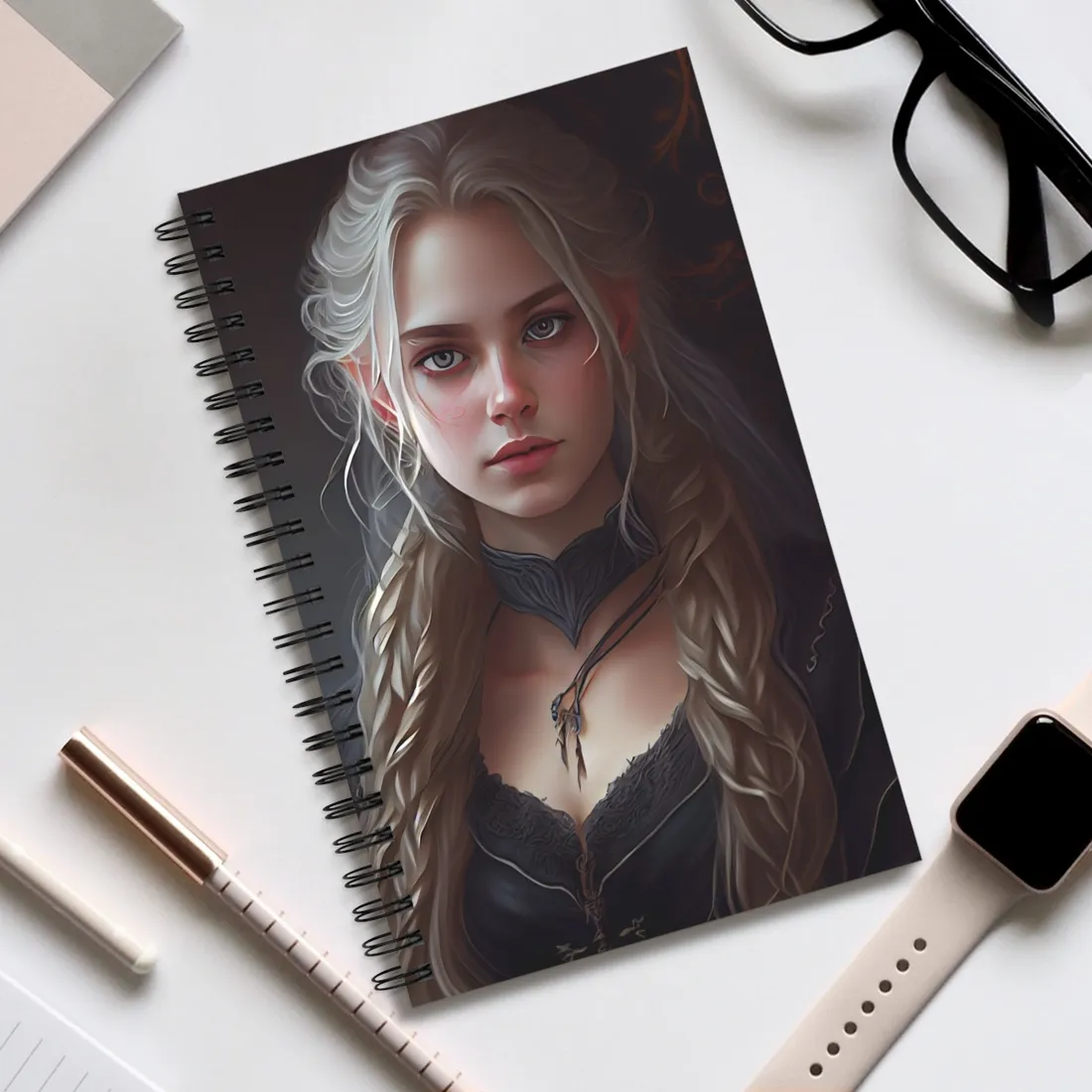 Blonde Female Portrait: Elegant Artwork in Formal Dress - Spiral Notebook