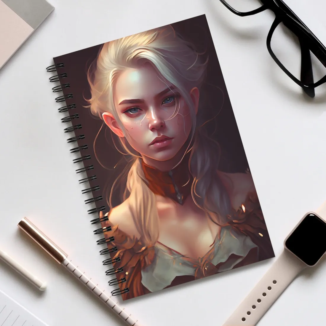 Blonde Female Portrait: Elegant Dress in Soft Flow - Spiral Notebook