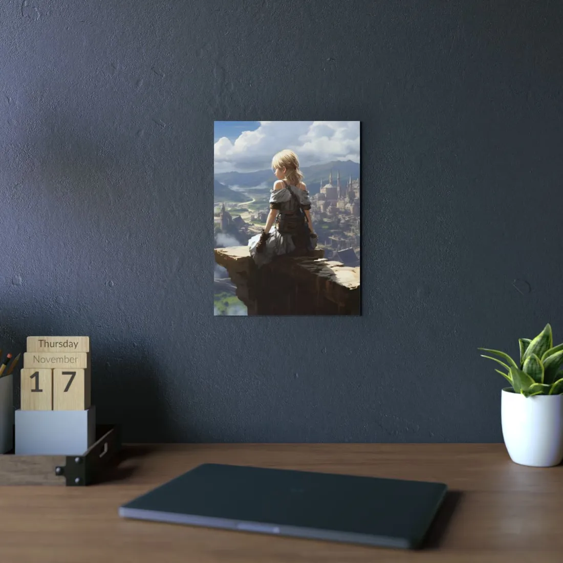 Blonde Girl Seated Above a Grand Fantasy City Skyline - Metal Poster