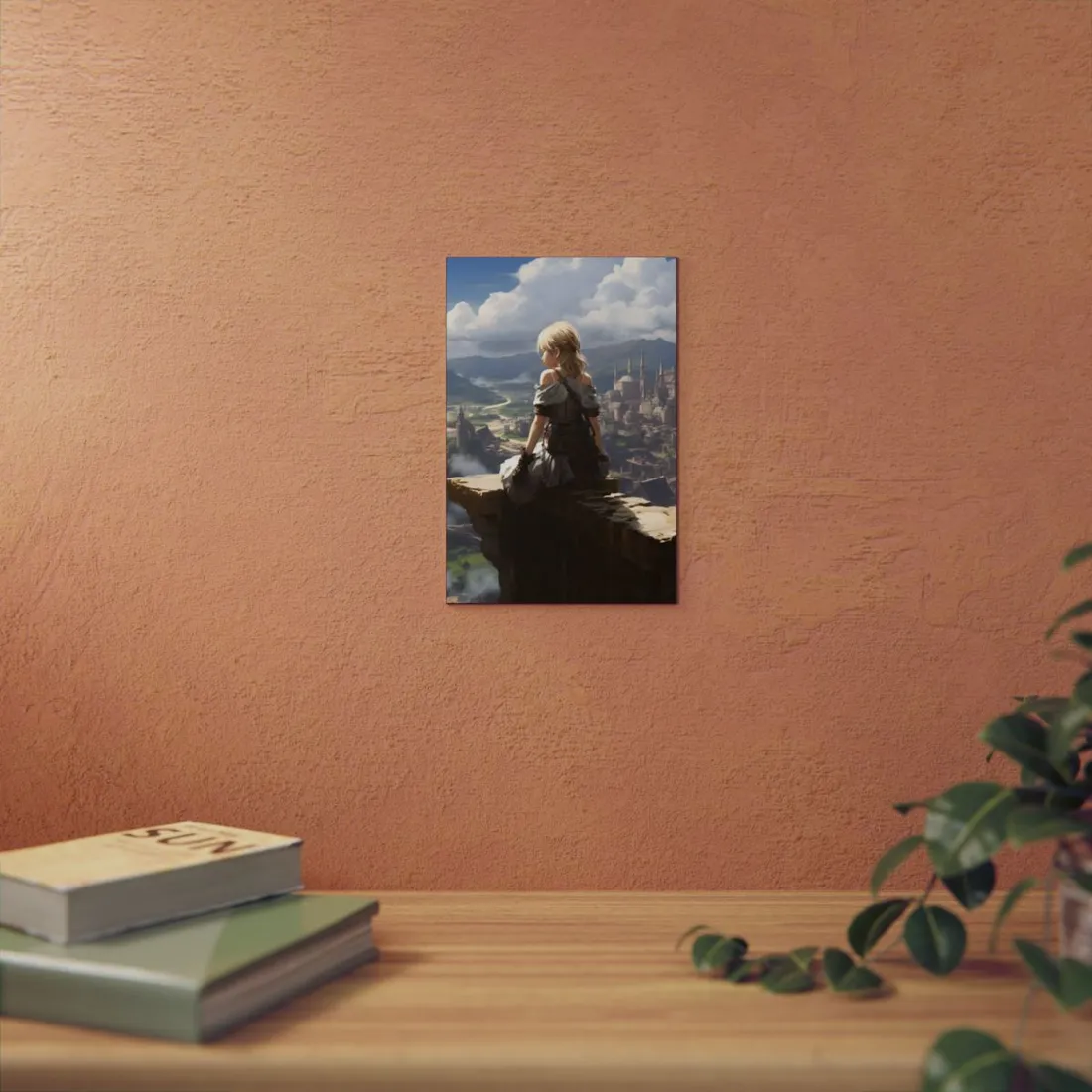 Blonde Girl Seated Above a Grand Fantasy City Skyline - Metal Poster